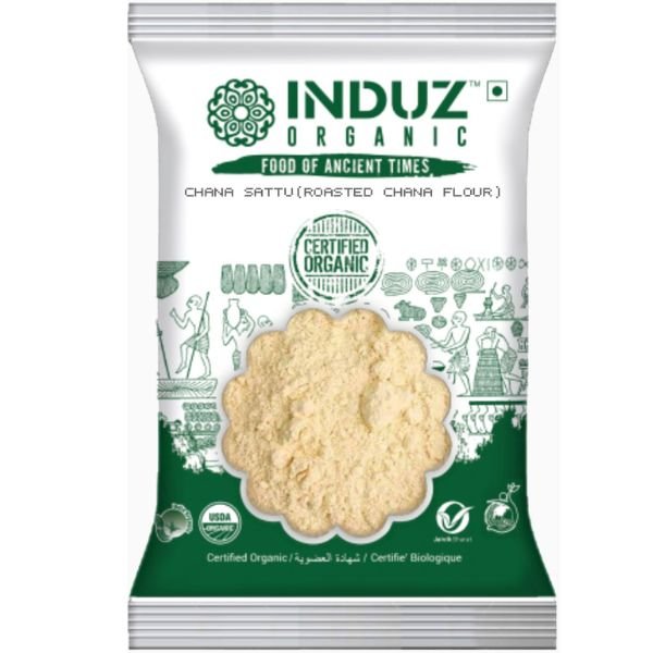 Chana Sattu (Roasted Chana Flour) 500 gm (VACCUM PACK)-front1-induz Organics