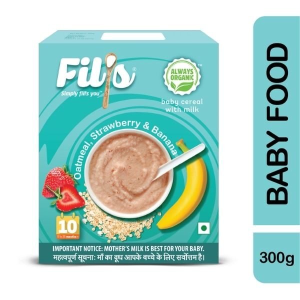 Baby Cereal With oatmeal strawberry & banana 300 gm-front-Fil's Organic