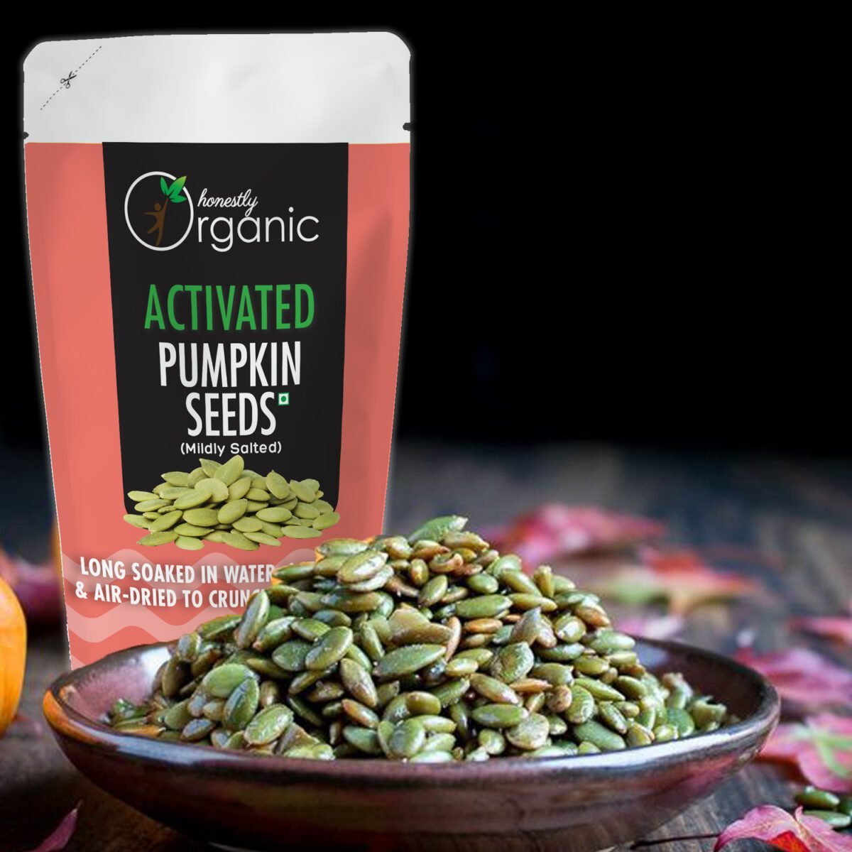 Activated Organic Pumpkin Seeds - Mildly Salted (USDA Organic, Long Soaked & Air Dried to Crunchy Perfection) - 150g2-Front1-D-Alive