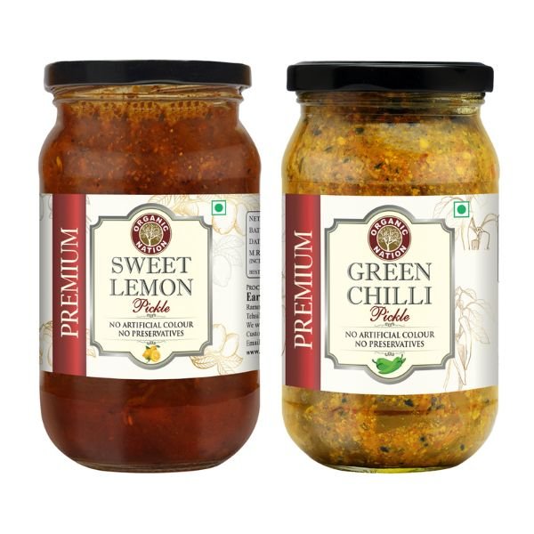 Green Chilli Pickle And Sweet Lemon Pickle Combo (400/450 gm)-11-Organic Nation