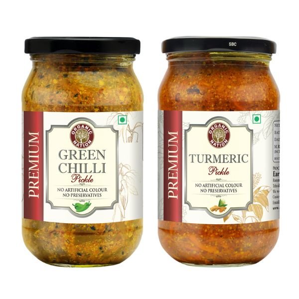 Green Chilli Pickle And Turmeric Pickle Combo (2 x 400 gm)-2-Organic Nation