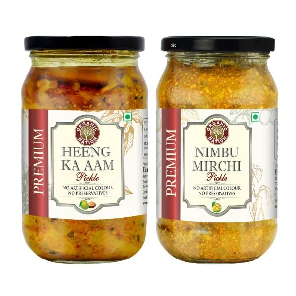 Heeng ka Aam Pickle And Nimbu Mirch Pickle Combo (2 x 400 gm)-front1-Organic Nation