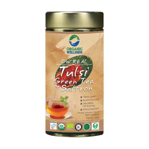 Tulsi Green Tea + Saffron Tin Pack 100-front1-Organic Wellness