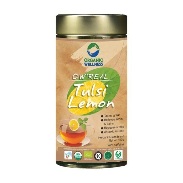 Tulsi Lemon Tin Pack 100 gm-front-Organic Wellness