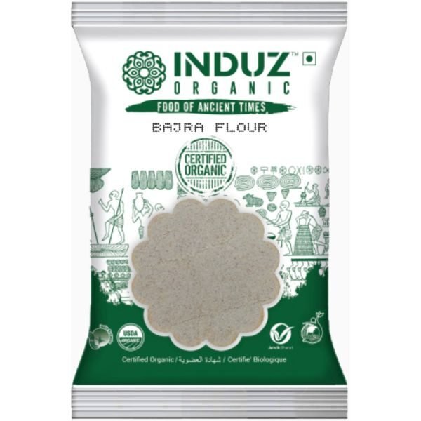 Bajra Flour 500 gm (VACCUM PACK)-front1-induz Organics