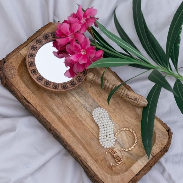 Wooden Engraved Home Decorative Handheld Mirror-front1- Organic B