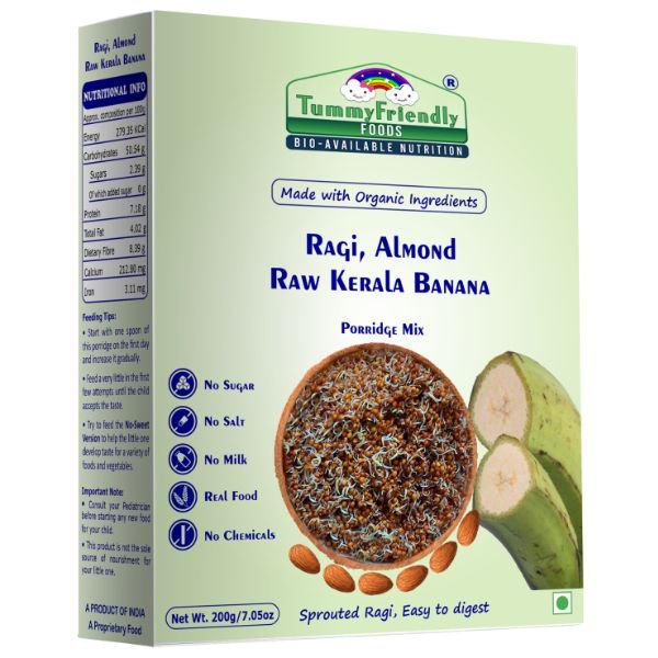 Organic Sprouted Ragi, Almond, Raw Kerala Banana Powder Porridge Mix3-front1-Tummy Friendly Foods