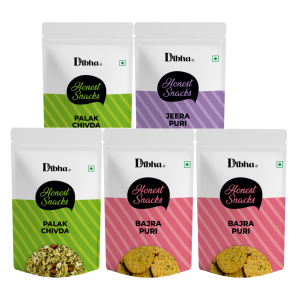 Honest Snacking Assorted Pack Of 5 (2 Palak Chivda, 2 Bajra Puri & 1 Jeera Puri) 100 gm Each-Front-Dibha