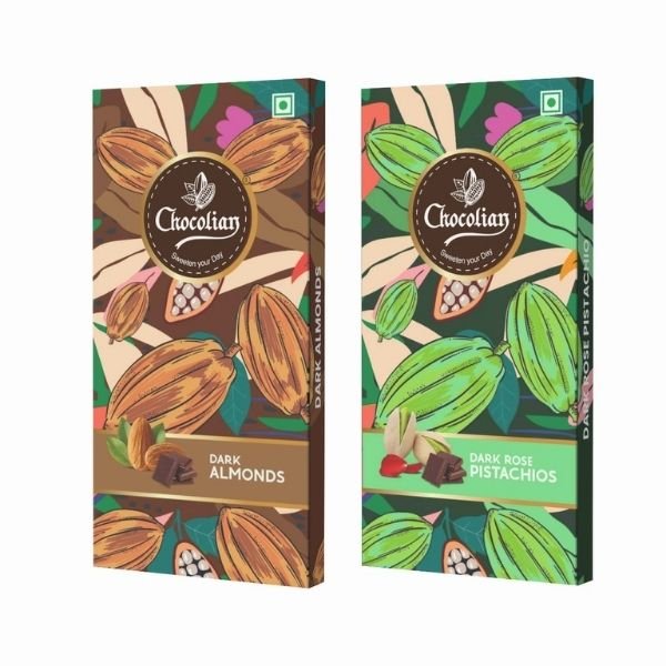 Dark Chocolate with Almond & Dark Rose Pistachio (Pack of 2) 72 gm-front-Chocolian Bakers