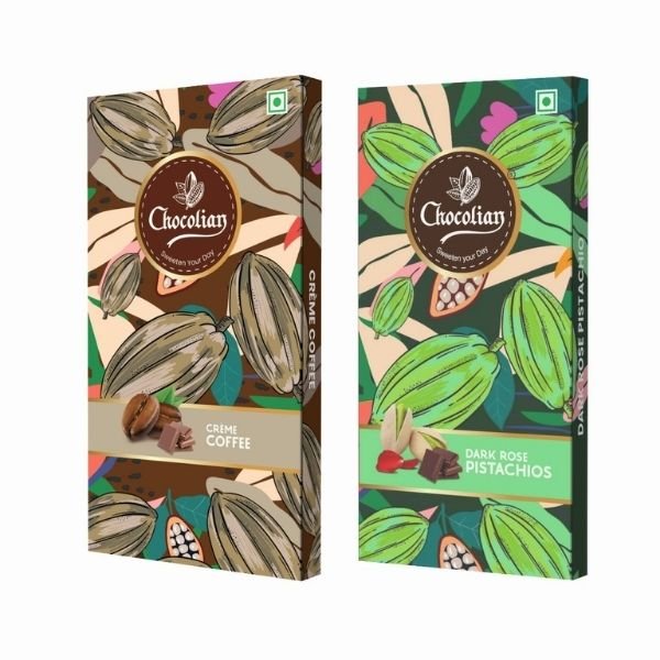 Creamy Coffee & Dark Chocolate with Rose Pistachio (Pack of 2) 72 gm-front-Chocolian Bakers
