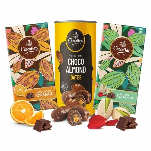 Almond Dates (200 gm) with Rose & Pistachio, Dark Orange Chocolate Bar 72 gm Each-front-Chocolian Bakers