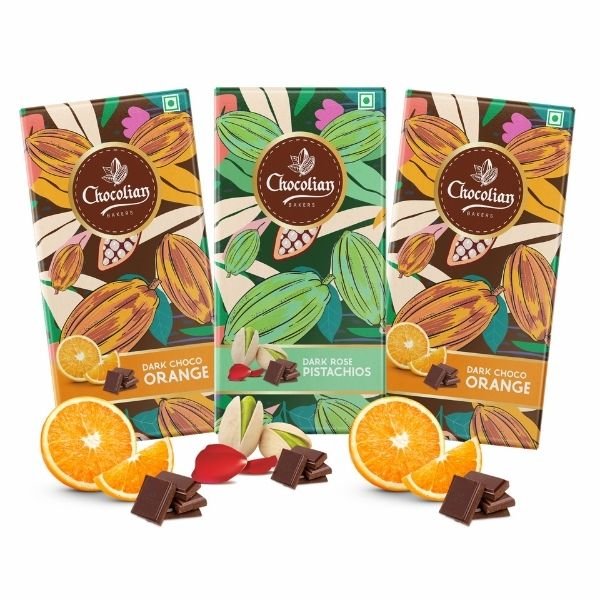 Dark Orange Chocolate & Dark Chocolate with Rose Pistachio Chocolate Bar (Pack of 3) 72 gm-front-Chocolian Bakers